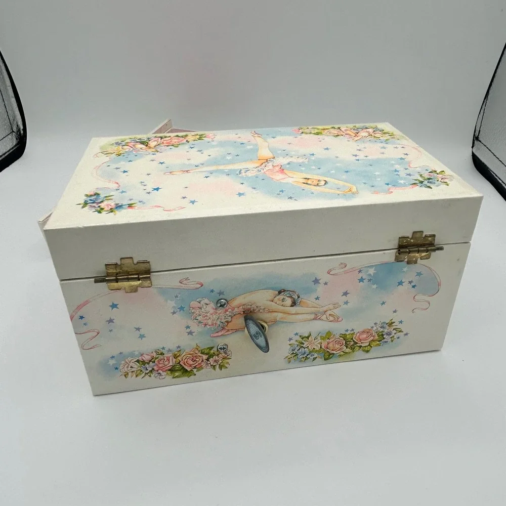 Vintage 1986 Lillian Vernon Ballerina Musical Jewelry Box Pink White Stars 8in